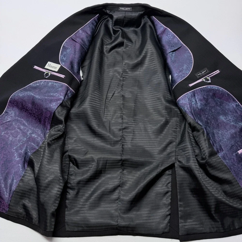 Haines & Bonner London Mens 48R Wool Blazer Black Pinstrip Purple Paisley Lining